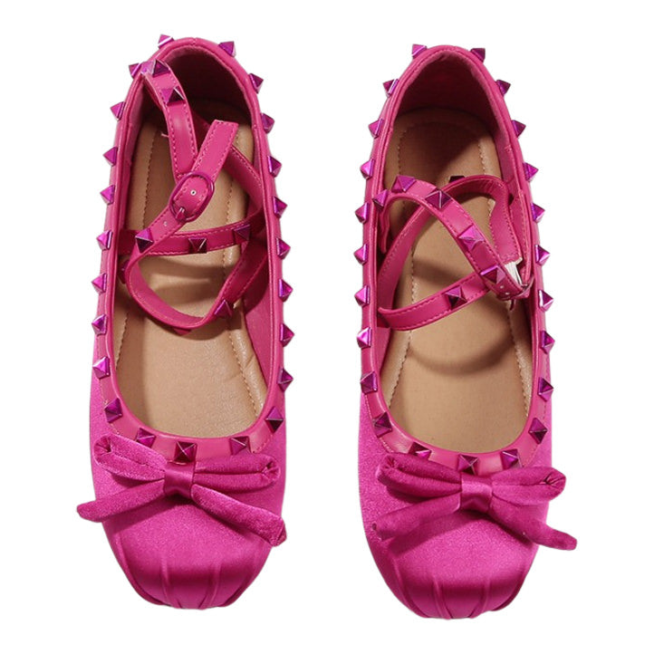 Balletcore Rivet Strap Flats in Rose Pink - ShoeMighty