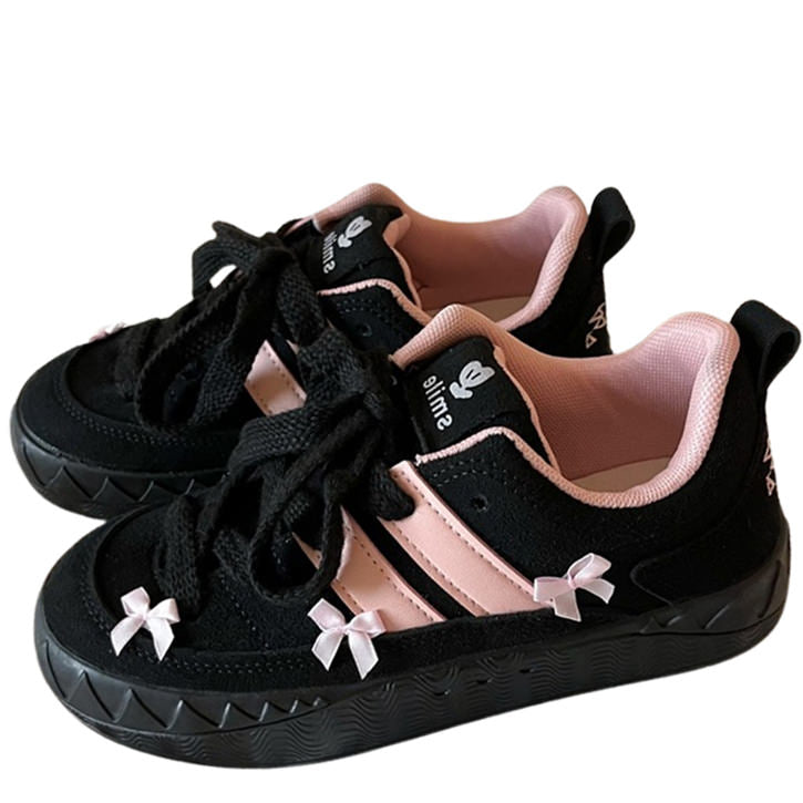 coquette black sneakers with pink bows, black and pink striped sneakers woth bows shoemighty