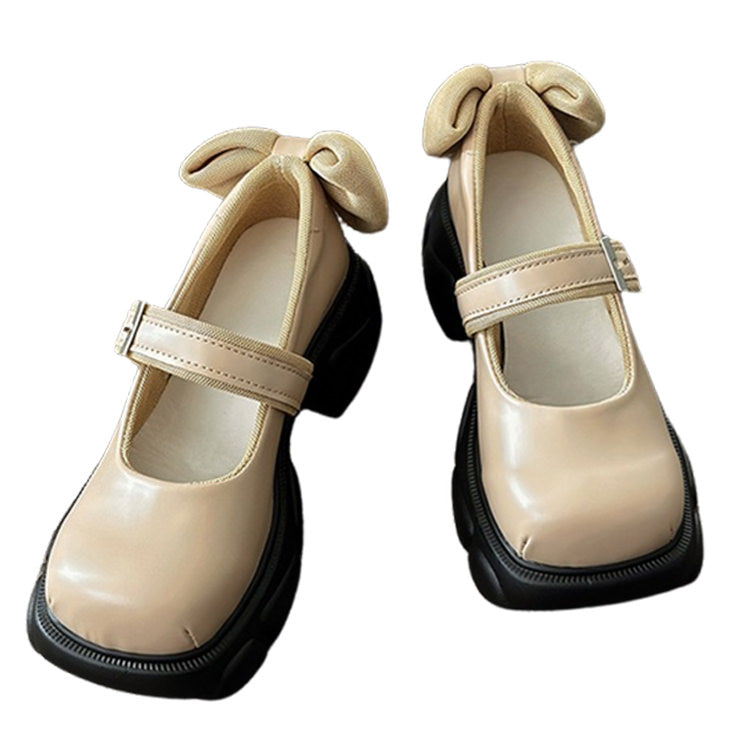Chunky Platform Beige Mary Jane Sandals with bow - ShoeMighty