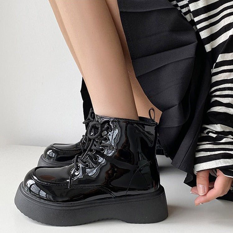 Fall Aesthetic Lacquered Ankle Boots in Black - ShoeMighty