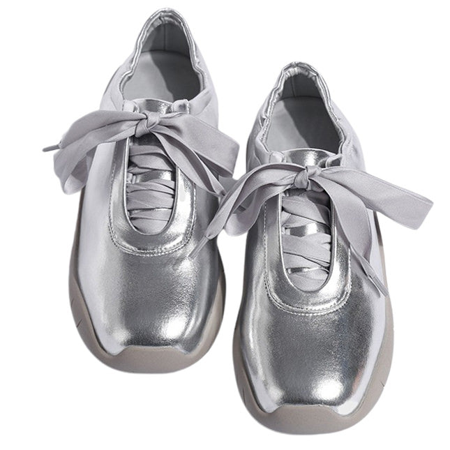 Silver Ribbon-Tie Ballet Sneakers - ShoeMighty