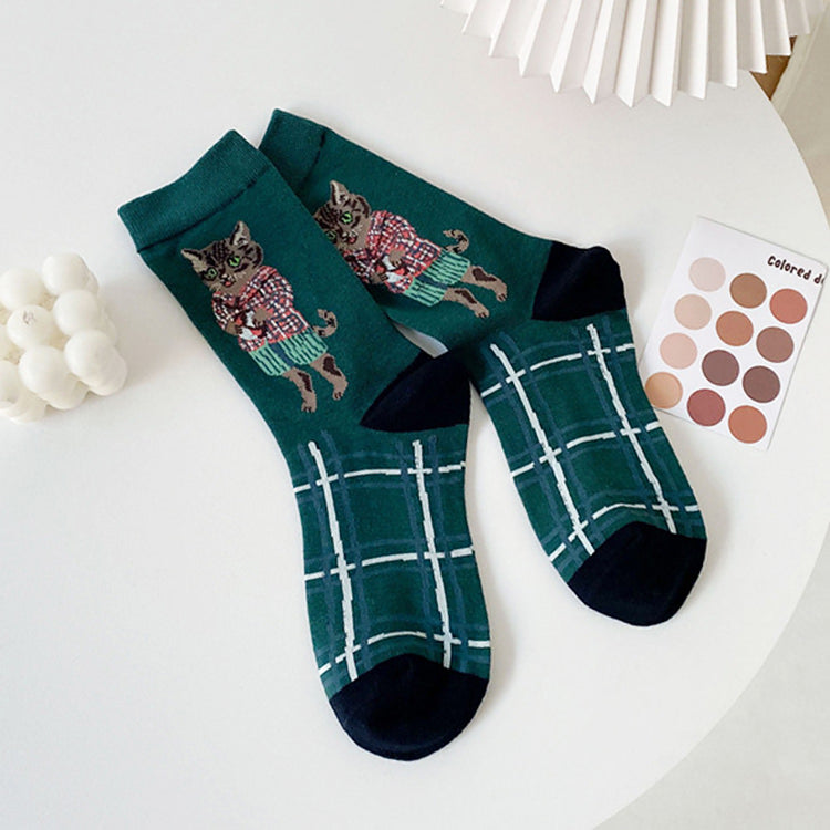 cat green plaid socks shoemighty