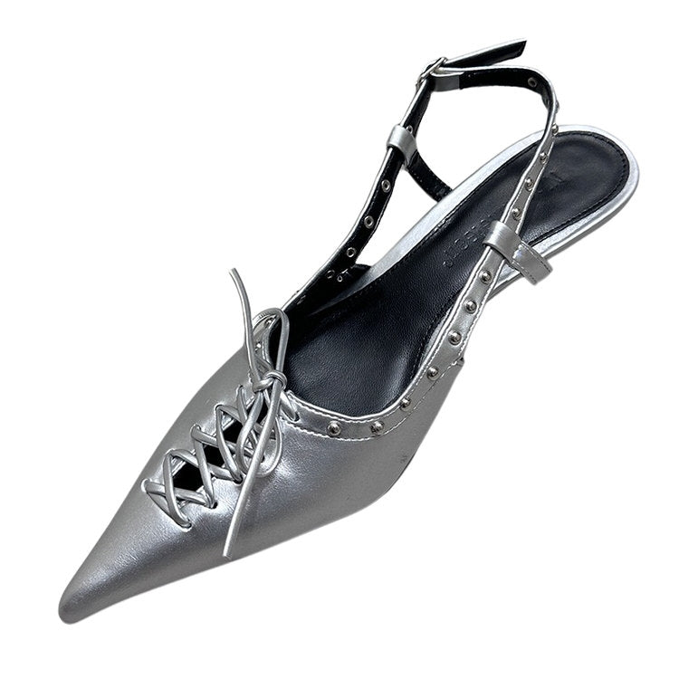 Old Money Aesthetic Lace Up Mules in Silver - ShoeMighty