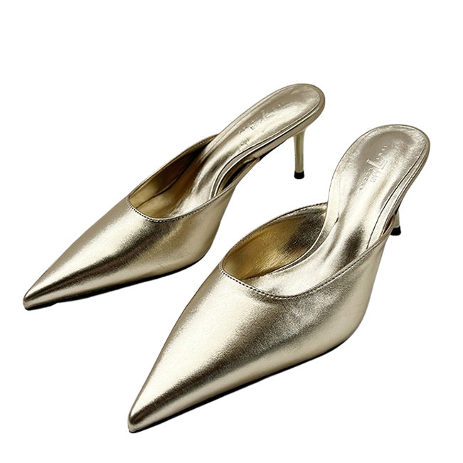 golden Mules, Slip On pointed toe heels shoemighty